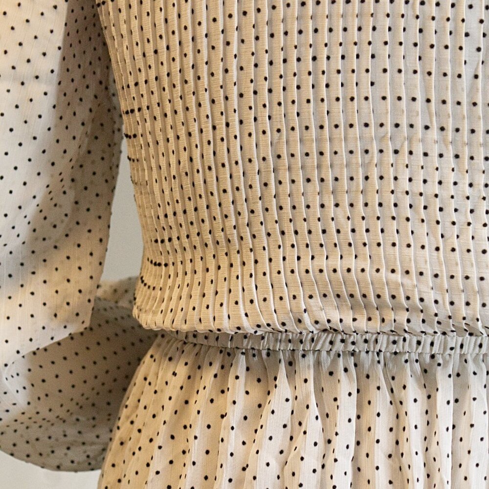 Pleated Long-Sleeve Black and White/Cream Polka Dot Fit and Flare Dress Medium - Picture 7 of 15